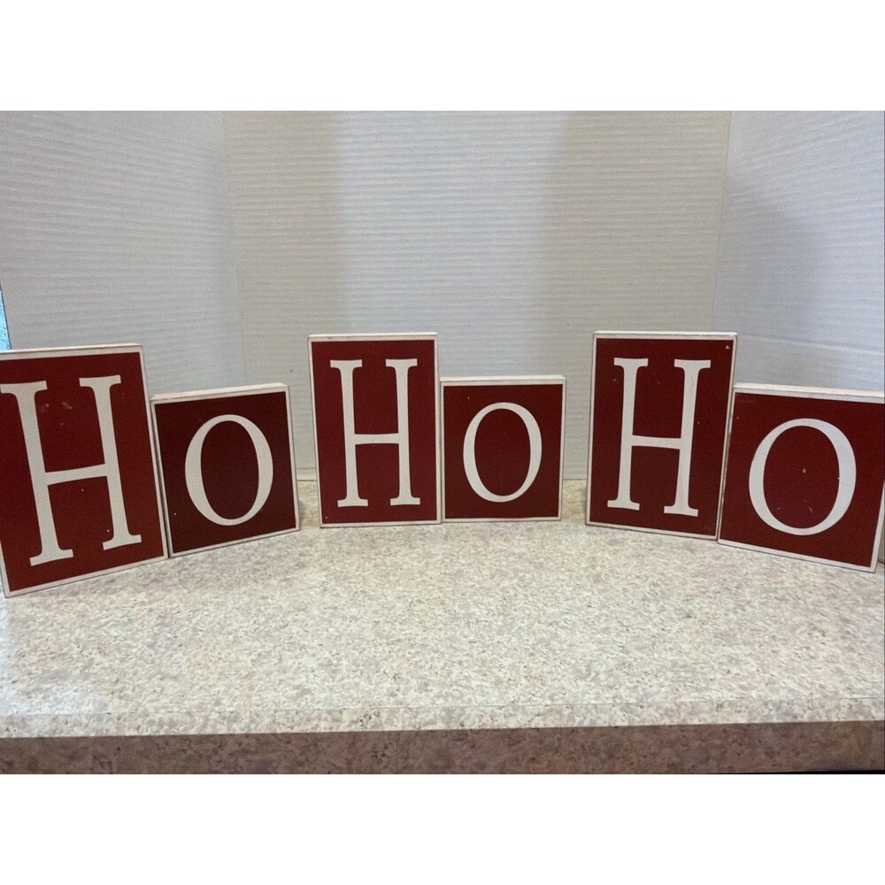 HO HO HO Wood Blocks Set of 6 Red White Christmas Tabletop Shelf Decor
